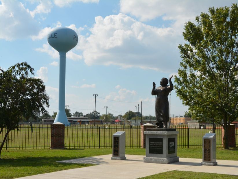Fannie Lou Hamer Memorial in Ruleville MS includes a statue of Mrs. Hamer speaking/singing into a microphone 